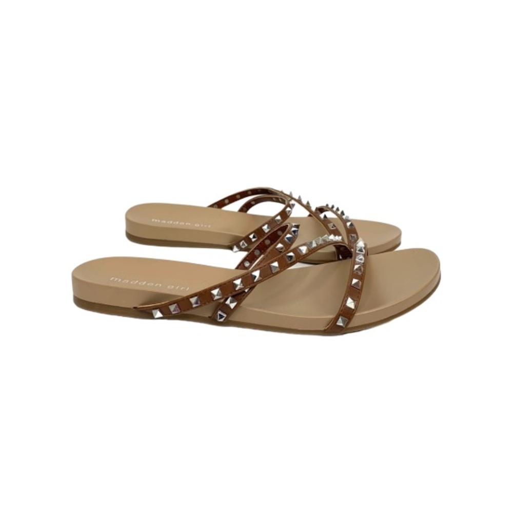 Madden Girl Candy Silver Studded Strappy Brown & Tan Sandals Slides New Size 8.5